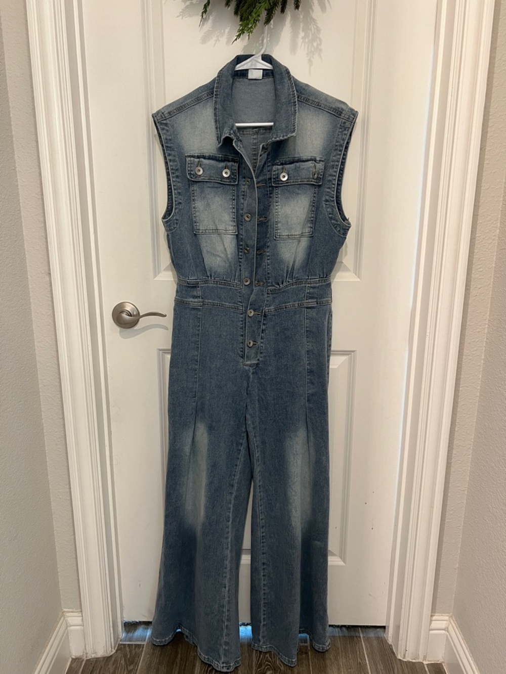 Sleeveless Denim Jumpsuit - Washed Blue